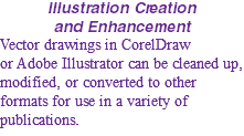 Illustration Creation and Enhancement Vector drawings in CorelDraw  or Adobe Illustrator can be cleaned up, modified, or converted to other formats for use in a variety of publications.